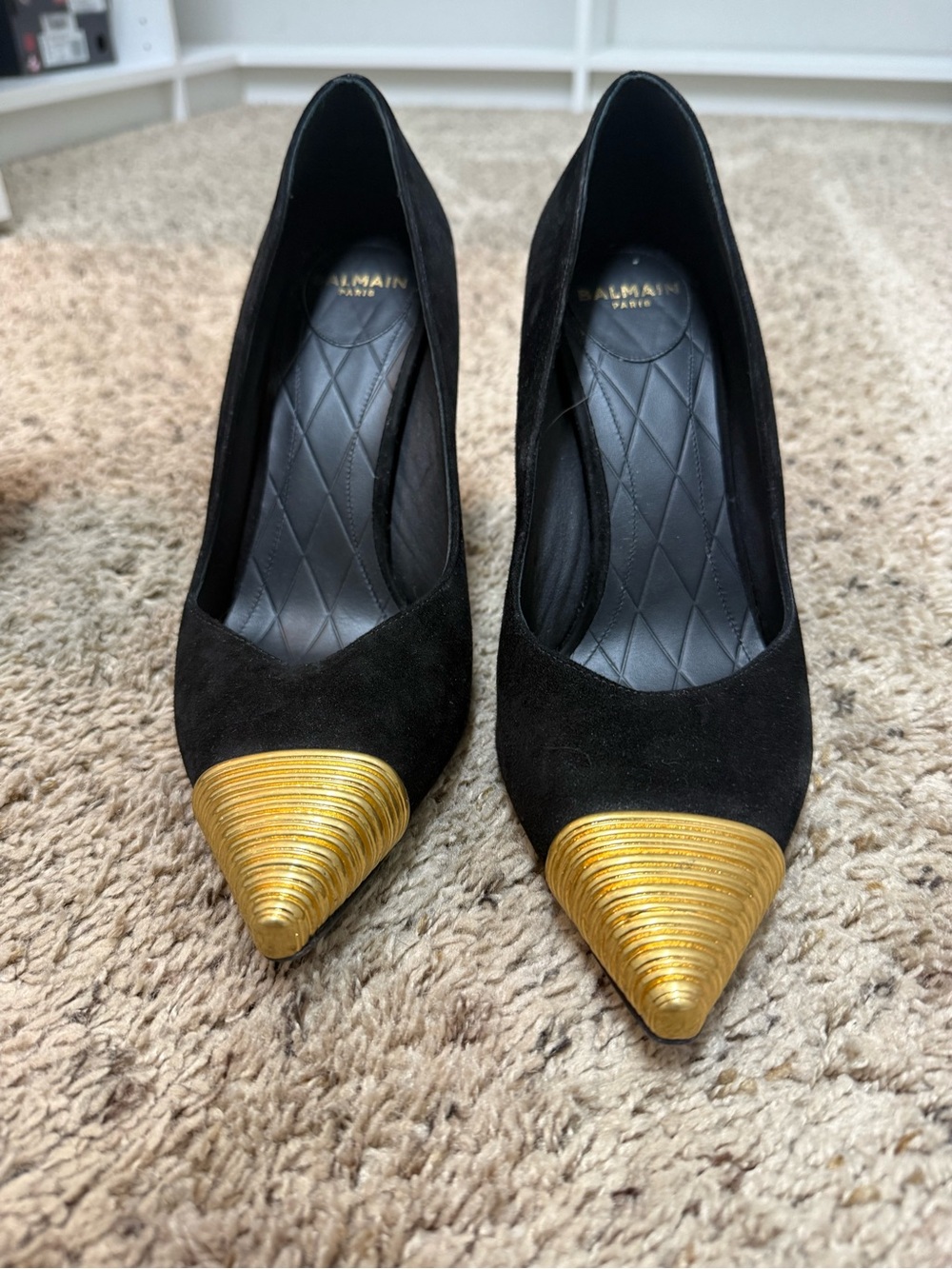 Balmain Black Suede Pointed Pumps with Gold Ribbed Toe Caps Lipstick Heel